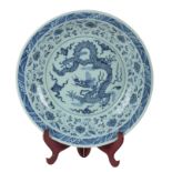 A CHINESE BLUE AND WHITE DRAGON DISH