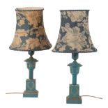 A PAIR OF EMPIRE STYLE BLUE-PAINTED AND PARCEL GILT TABLE LAMPS