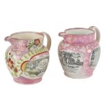 TWO SUNDERLAND PINK LUSTREWARE JUGS