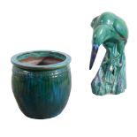 A LARGE GREEN GLAZED CERAMIC HERON