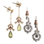 A PAIR OF PERIDOT AND SEED PEARL EARRINGS