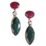 A PAIR OF INDIAN SILVER, EMERALD AND RUBY PENDANT EARRINGS