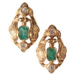 A PAIR OF 18CT GOLD, EMERALD AND DIAMOND EARRINGS