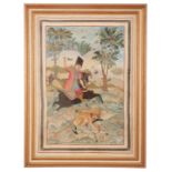 AN EARLY 20TH CENTURY PERSIAN OR TURKISH EMBROIDERED PANEL - A HUNTING SCENE