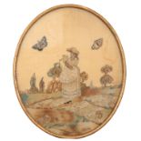 AN EARLY 19TH CENTURY EMBROIDERED SILK OVAL PANEL