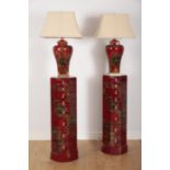 A PAIR OF CONTEMPORARY CHINESE RED LACQUER LAMPS