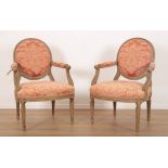A PAIR OF LOUIS XVI STYLE GREY PAINTED FAUTEUILS
