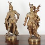 AFTER EMILE BOYER (1877-1948) A PAIR OF 19TH CENTURY FRENCH GILT BRONZE STANDING KNIGHTS