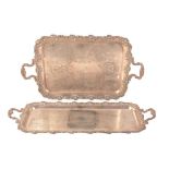 TWO SILVER PLATED RECTANGULAR TWO HANDLED TRAYS