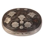 AN 18TH CENTURY WHITE METAL PIQUE AND TORTOISESHELL OVAL SNUFF BOX