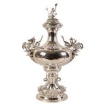 A LATE VICTORIAN SILVER TWO HANDLED TROPHY OF NAUTICAL INSPIRATION