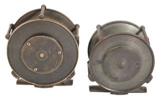 J. MACGOWAN, LONDON: A RARE RAISED PILLAR BRASS REEL