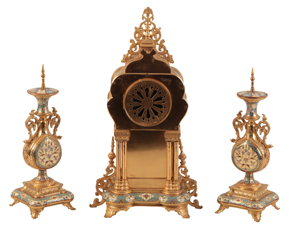 A FRENCH CHAMPLEVÃ‰ AND ORMOLU THREE PIECE CLOCK GARNITURE BY A. D. MOUGIN - Image 2 of 2