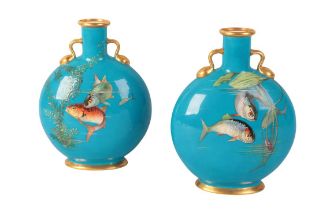 A PAIR OF 19TH CENTURY MINTONS MAJOLICA MOON FLASKS
