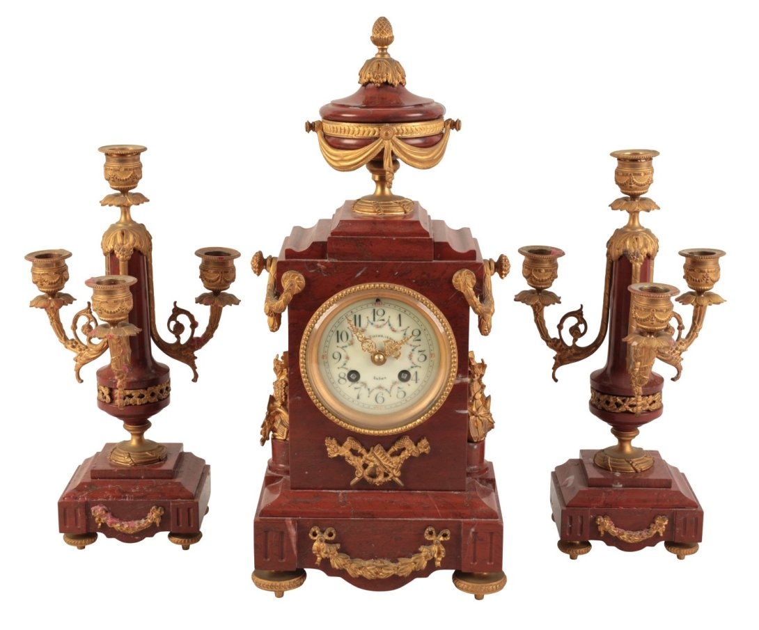 A FRENCH GRIOTTE UNI MARBLE CLOCK GARNITURE