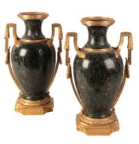 A PAIR OF LOUIS XVI STYLE MARBLE AND ORMOLU MOUNTED VASES