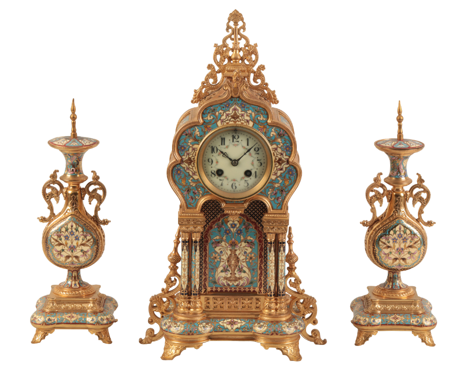 A FRENCH CHAMPLEVÃ‰ AND ORMOLU THREE PIECE CLOCK GARNITURE BY A. D. MOUGIN