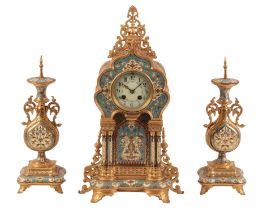A FRENCH CHAMPLEVÃ‰ AND ORMOLU THREE PIECE CLOCK GARNITURE BY A. D. MOUGIN