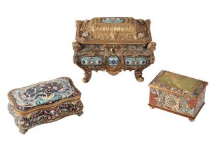 A FRENCH BRONZE AND CHAMPLEVE ENAMEL MOUNTED JEWELLERY COFFIN