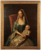 JOHN VANDERBANK (1694-1739) A portrait of Catherine, daughter of John Plumer, holding her baby