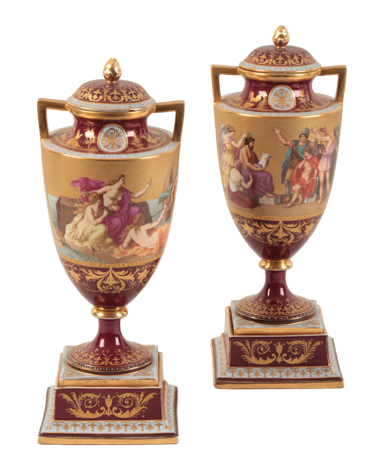 A PAIR OF VIENNA PORCELAIN URNS AND COVERS - Image 2 of 2