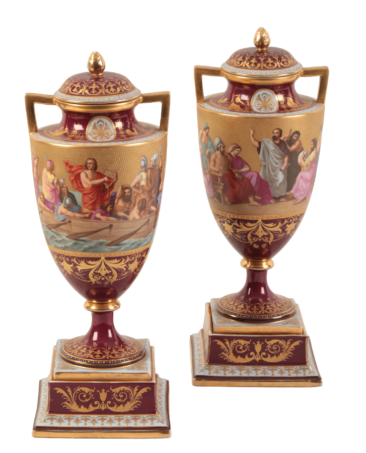 A PAIR OF VIENNA PORCELAIN URNS AND COVERS