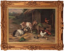 EDGAR HUNT (1876-1953) A farmyard landscape with goats, chickens and chicks