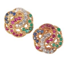 A PAIR OF 18CT GOLD RUBY, SAPPHIRE, EMERALD AND DIAMOND CLUSTER EARRINGS