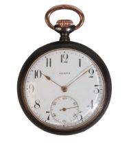 ZENITH: A GENTLEMAN'S GUN METAL OPEN FACE POCKET WATCH