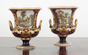 A PAIR OF DERBY PORCELAIN URNS OF CAMPANA SHAPE