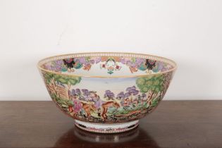 A CHINESE EXPORT PORCELAIN FAMILLE ROSE 'HUNTING' PUNCH BOWL