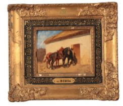 ALEXANDER CHEVALIER DE BENSA (1820-1902) A figure and horses outside a building