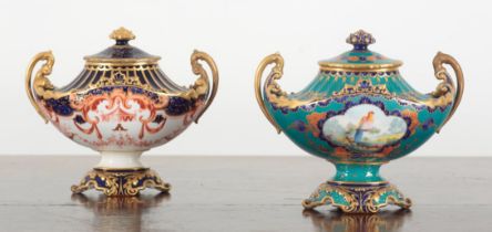 TWO ROYAL CROWN DERBY BONE CHINA TWO-HANDLED URNS