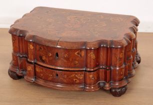 A DUTCH WALNUT AND MARQUETRY SEWING OR JEWELLERY BOX