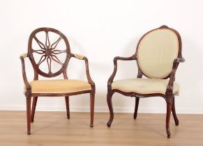 TWO SIMILAR LATE GEORGE III MAHOGANY ARMCHAIRS