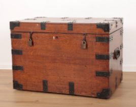 A LATE VICTORIAN OAK AND METAL BOUND PLATE CHEST