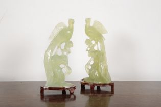 A PAIR OF CHINESE CARVED JADE BIRDS