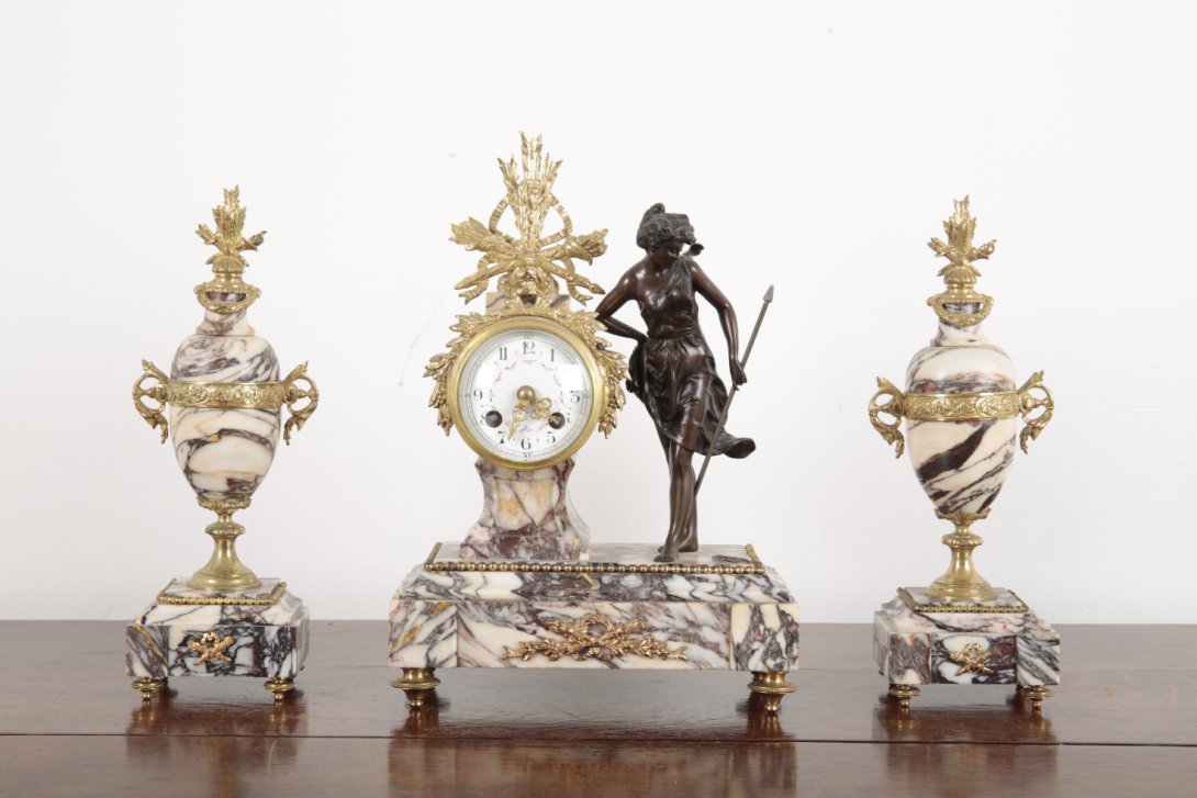 A 19TH CENTURY FRENCH ORMOLU MOUNTED CALACATTA VIOLA MARBLE CLOCK GARNITURE