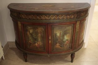 A LOUIS XVI STYLE SATINWOOD AND POLYCHROME BOWFRONT SIDEBOARD