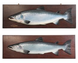 JOHN AND DHUIE TULLY OF FOCHABERS: A RARE PAIR OF CARVED WOODEN SALMON