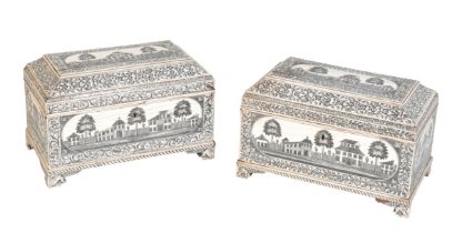 A PAIR OF ANGLO-INDIAN VIZAGAPATAM IVORY CADDIES