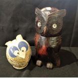 A WOODEN OWL BOX, HINGED LID, AND A POTTERY OWL