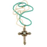 A TURQUOISE AND SEED PEARL CROSS PENDANT