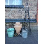 A GALVANISED WATERING CAN, A GARDEN OBELISK