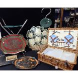 A PICNIC BASKET, FLORENTINE GILTWOOD TRAYS