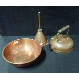 A COPPER FUNNEL, COPPER MIXING BOWL