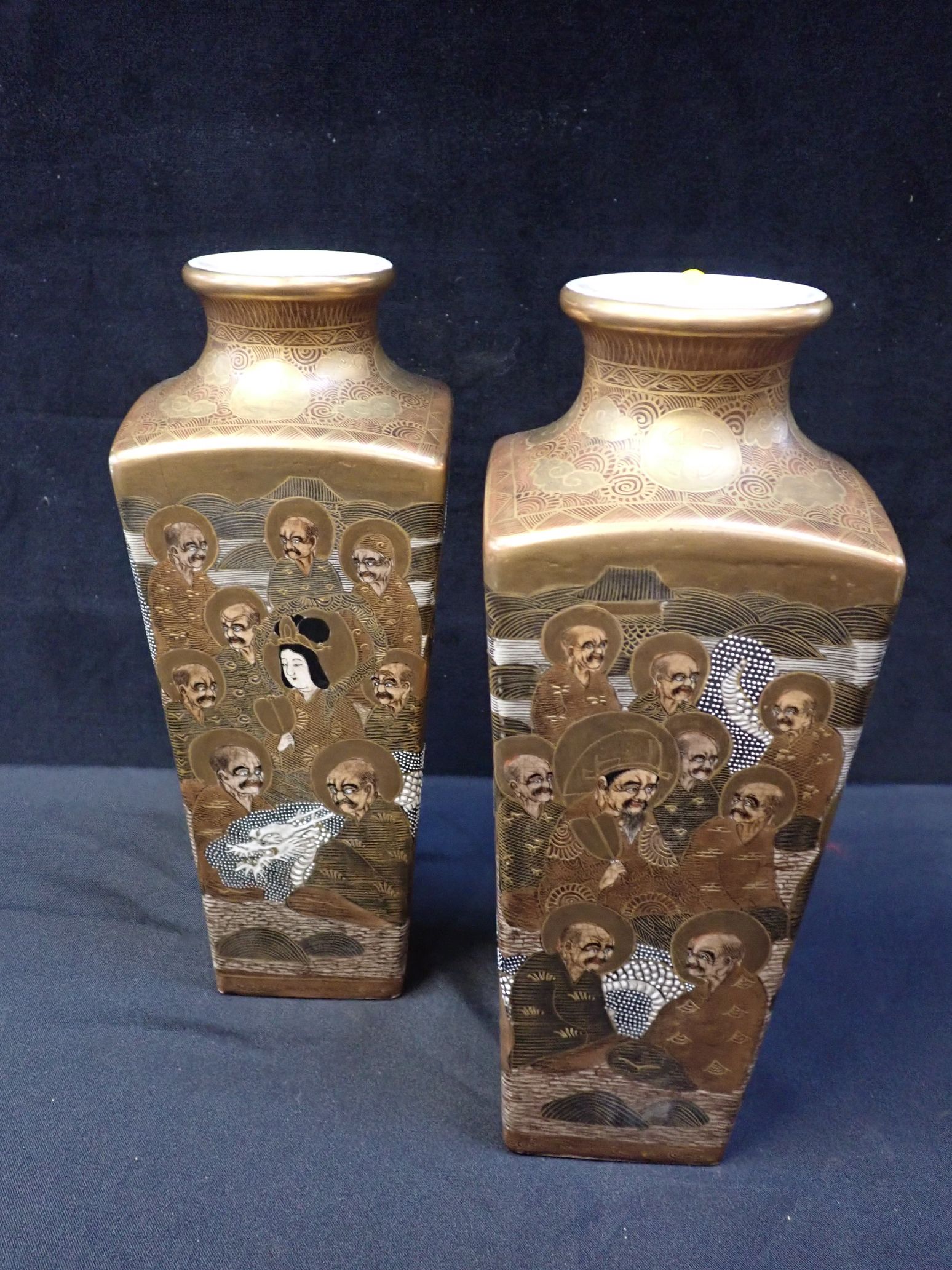 A PAIR OF JAPANESE SATSUMA VASES, OF SQUARE SHOULDERED FORM