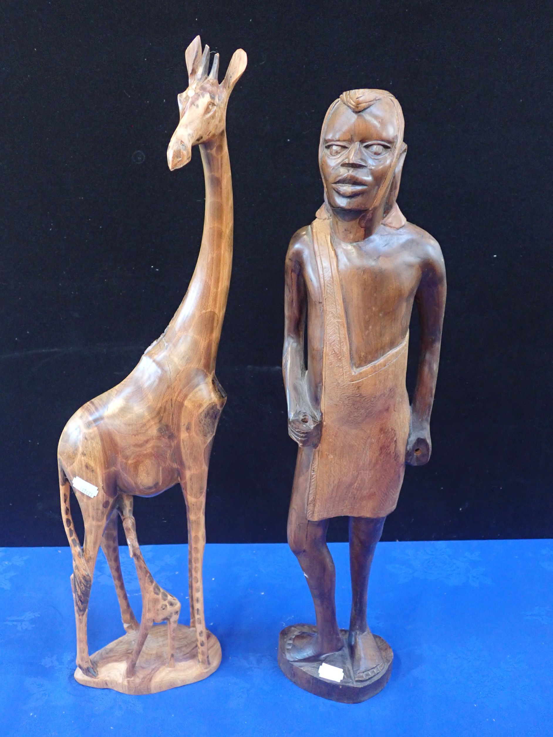 TWO AFRICAN CARVED FIGURES - WARRIOR AND GIRAFFE