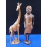 TWO AFRICAN CARVED FIGURES - WARRIOR AND GIRAFFE