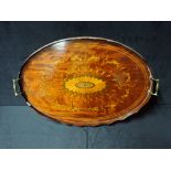 AN EDWARDIAN MAHOGANY AND MARQUETRY TRAY